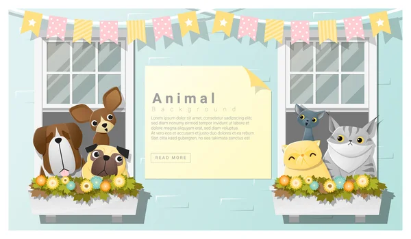 可爱动物的家庭背景，与狗和猫，向量、 插图 — 图库矢量图片
