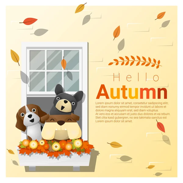 你好，秋天背景与狗、 矢量、 插图 — 图库矢量图片