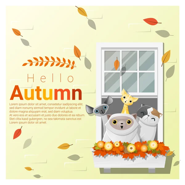 你好，秋天背景与猫、 矢量、 插图 — 图库矢量图片