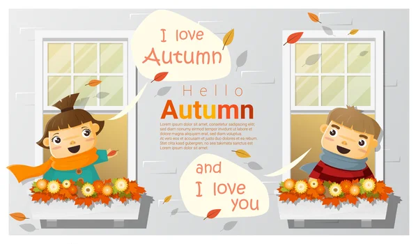 Hello autumn background with little boy and girl, vector, illustration — стоковый вектор