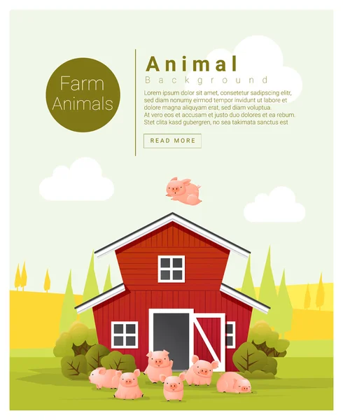 Landschap en boerderij dieren plattelandsachtergrond met varken, vector illustratie — Stockvector