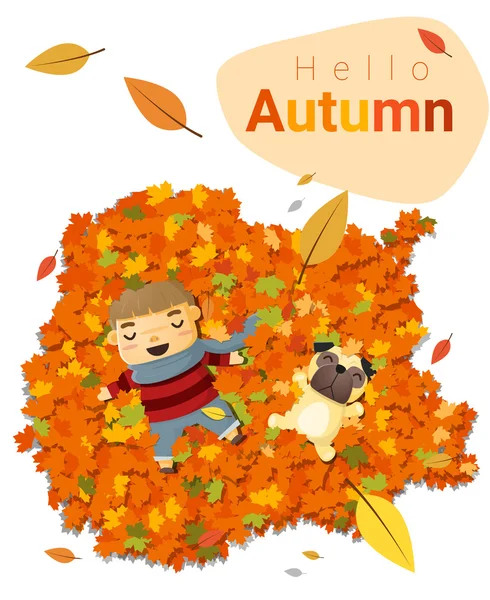 Hola fondo de otoño con niño pequeño, vector, ilustración — Vector de stock