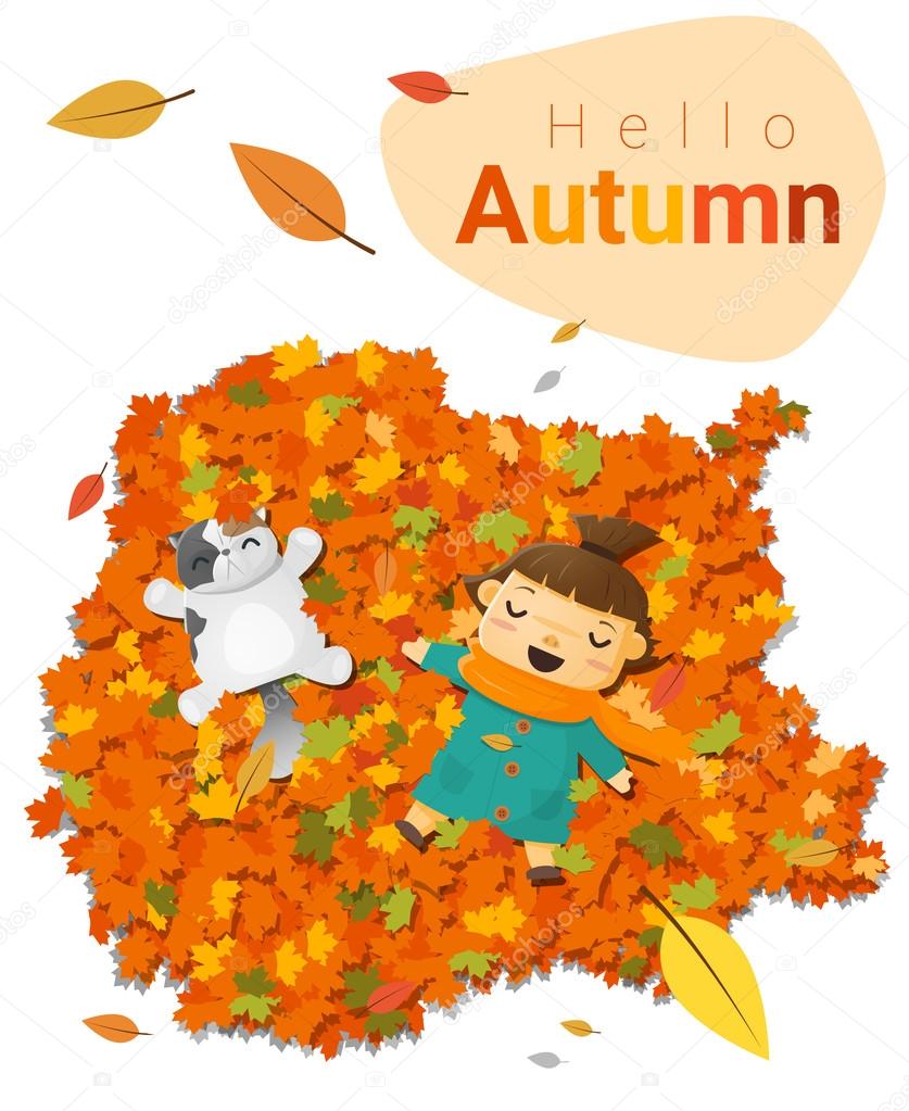Hello autumn background with little girl , vector , illustration