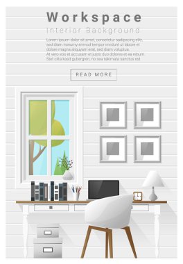 İç tasarım Modern çalışma alanı afiş, vektör, illüstrasyon
