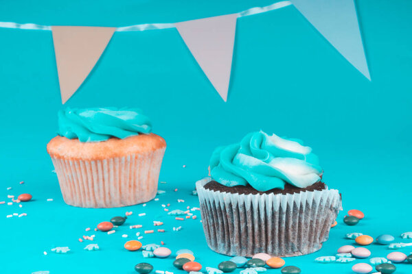 Fresh tasty vanilla and chocolate cupcakes with blue butter cream. Holiday or party sweet snack. Copy space. Festive greeting card. Selective focus