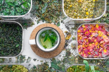 Kuru şifalı bitkiler ve limon ve naneli çay karışımı. Alternatif tıp konsepti