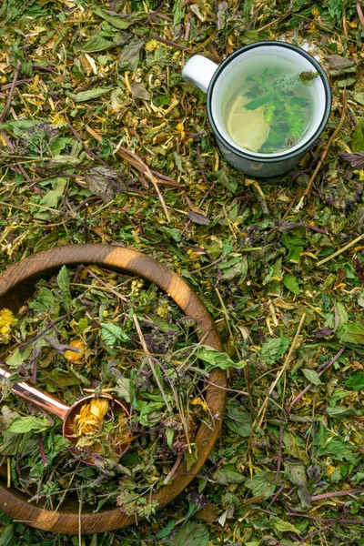 Trockene Gesunde Kräuter Verschiedenes Sortiment Holzschale Mit Kupferlöffel Kräutertees Homöopathie — Stockfoto