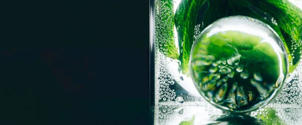 緑色の葉と透明なガラス球に水滴がついています 緑の惑星の概念 — ストック写真