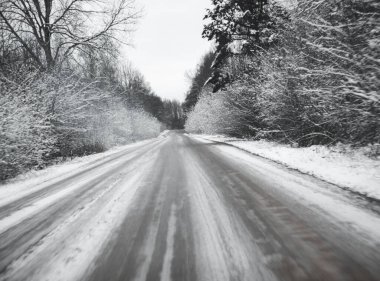 Çam ağaçlarıyla çevrili karlı yol, bir kır yolunda kış karında sürmek, seçici odak ve hareket efekti