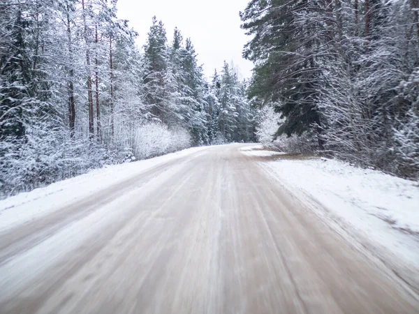snowy road surrounded by pine trees, driving in winter snow on a country road, selective focus and motion effect
