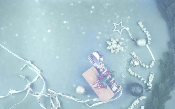 Suddig Jul Festligt Kort Med Bestick Holiday Setting Dekorerad Med — Stockfoto