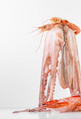 Beyaz arka planda deniz ürünleri yengeçleri, karides, ahtapot. Astaxanthin, antioksidan, iyot, çinko, kopyalama alanı bakımından zengin gıdalar.