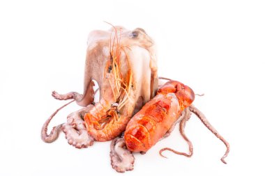 Beyaz arka planda deniz ürünleri yengeçleri, karides, ahtapot. Astaxanthin, antioksidan, iyot, çinko, kopyalama alanı bakımından zengin gıdalar.