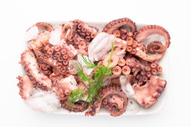 Dereotlu beyaz tepside kaynamış ahtapot salatası. Sağlıklı yiyecekler. Kapat.