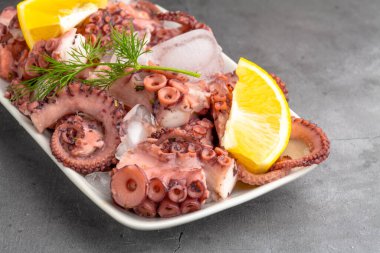 Limon ve dereotlu taze ahtapot salatası, buz küpleri.