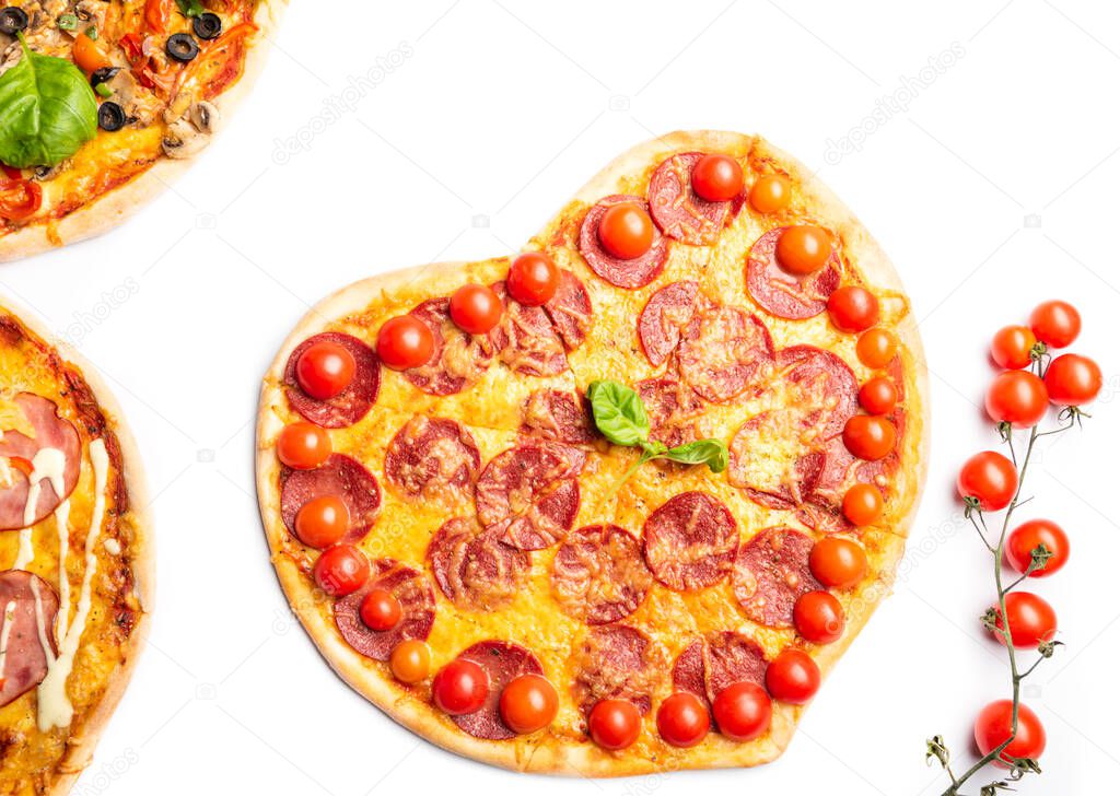 different various kind of pizzas in assortment, set combo of pizza, for design, advertisement, promo banner with romantic heart shaped pizza