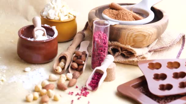 Mix van ingrediënten om thuis chocolade te maken — Stockvideo