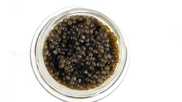 Caviar negro en tarro de cristal con hielo — Vídeos de Stock