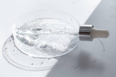 Petri tıbbi kabında pipetli şeffaf sıvı jel ya da hyaluronik serum asidi. Sıvı ve cilt bakımı kavramı