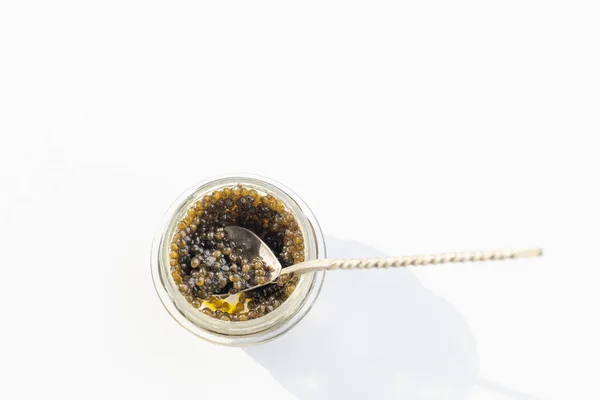 Caviar Preto Frasco Vidro Uma Colher Foco Seletivo — Fotografia de Stock