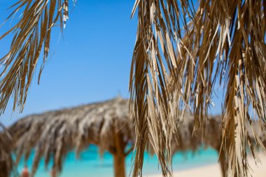 thatched şemsiye, mavi gökyüzü ile deniz plaj