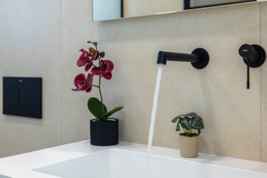 Minimalist banyo çiçekli ve akan suyla dolu.