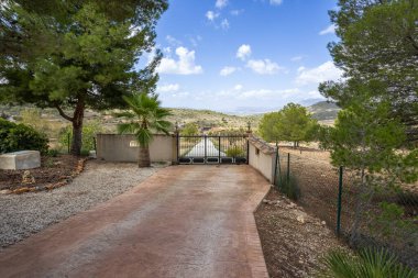 Uzun garaj yolu, yemyeşil ağaçları ve panoramik dağ manzarası olan özel girişli.