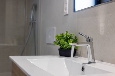 Pürüzsüz krom musluktan ve dekoratif bitkiden akan suyla banyo lavabosunun ayrıntıları