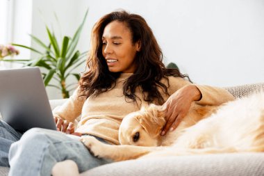 Gülümseyen Afrikalı Amerikalı kadın iş kadını rahat koltukta oturan Golden Retriever 'ı dizüstü bilgisayarla okşuyor. Aşk, evcil hayvan konsepti