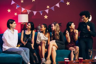 Çeşitli yetişkin arkadaş grupları şenlikli bir ev partisinden zevk alıyorlar, deniz mavisi bir kanepede oturup konuşuyorlar, gülüyorlar ve süslü bir odada kutluyorlar. Parti konsepti