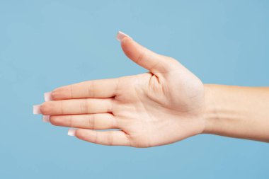 Ön tarafa uzanan kare çivili bir el, sert mavi bir arkaplanda hoş geldin tokalaşması gösteriyor.