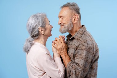 Yaşlı çift sevgi ve sevgiyi ifade ediyor, gülümsüyor ve birbirlerine bakıyorlar.