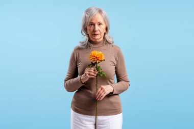 Yaşlı bir kadın ayakta, elinde canlı bir turuncu çiçekle mavi bir stüdyo arkasında duruyor.