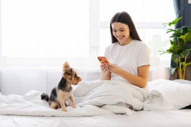 Woman and yorkshire terrier spending morning together, using phone in a bright, cozy bedroom