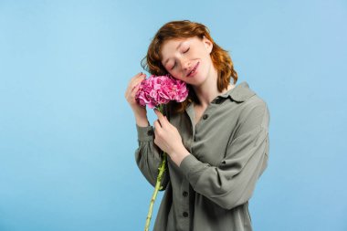 Mavi arka planda izole edilmiş pembe ortancaları tutan mutlu kızıl saçlı genç kadın portresi. Kadın Günü konsepti