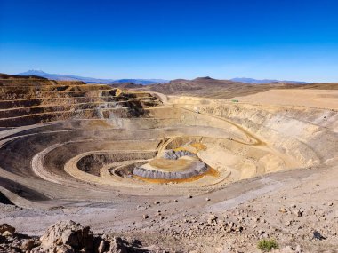 Kapalı ve düzeltilmiş bankları ve mineral çıkarma platformları olan bir açık çukur mayınının hava görüntüsü