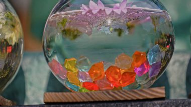 Dekorasyon olarak saydam renkli taşlı akvaryum ya da akvaryum