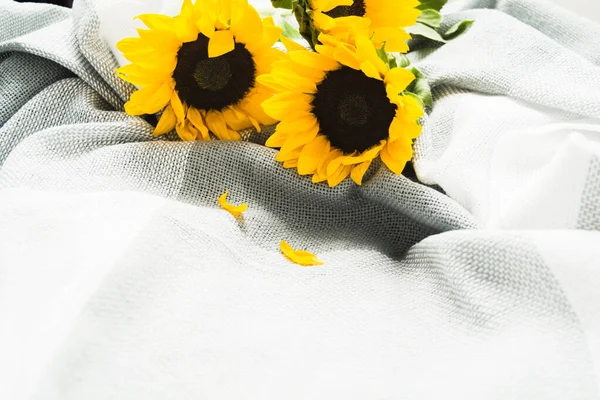 Beautiful bouquet of authentic yellow sunflowers on grey plaid. Closeup view — Stock Photo, Image