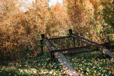 Sonbahar güzel parkında metal araba inşaatı. Özgün doğa arkaplanı