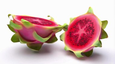 Saf beyaz arka planda dönen doğranmış bir ejderha meyvesinin 3 boyutlu gerçekçi animasyonu