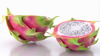 Saf beyaz arka planda dönen doğranmış bir ejderha meyvesinin 3 boyutlu gerçekçi animasyonu