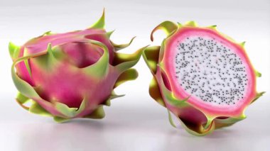 Saf beyaz arka planda dönen doğranmış bir ejderha meyvesinin 3 boyutlu gerçekçi animasyonu