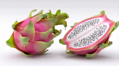 Saf beyaz arka planda dönen doğranmış bir ejderha meyvesinin 3 boyutlu gerçekçi animasyonu