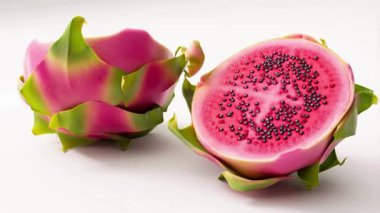 Saf beyaz arka planda dönen doğranmış bir ejderha meyvesinin 3 boyutlu gerçekçi animasyonu