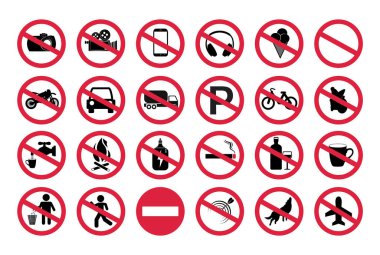 Kırmızı yasak işareti seti, yasak işareti. Vektör simgelerinin toplanması tehlikeli eylemleri yasakladı: sigara, alkol, yiyecek ve içecek, vektör illüstrasyonu