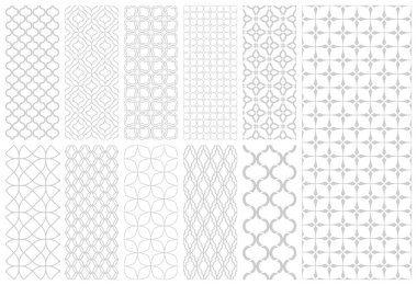 Vektörsüz geometrik süsleme desenleri koleksiyonu. Tek renkli arka planlar tekrarlanabilir. Bitmek bilmeyen gri ve beyaz baskılar.