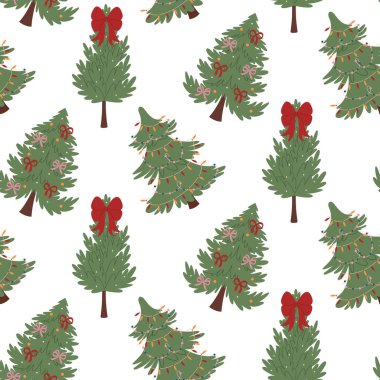 Yılbaşı ağacı deseni. Noel ve Yeni Yıl 'da kumaş, dekor, baskı ve ambalaj için şirin köknar ağaçlarının kusursuz arka planı. Sıcak bir tatil atmosferi, sıcak renkleri ve neşeli bir havası var..