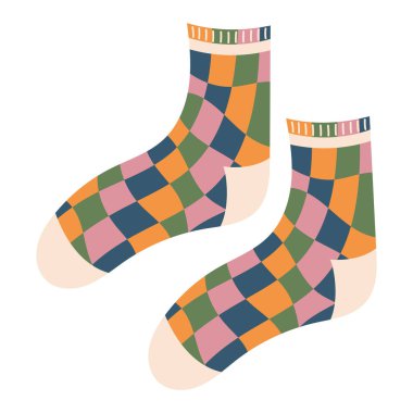 Modern colorful cotton socks with trendy prints and different textures. Cozy knitted socks. Flat vector illustration isolated on white background.