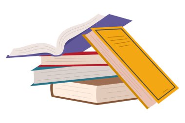 Sevimli renkli kitap yığını. Bilimsel ve kurgu edebiyatı ile eğitici temalı bir kitap yığını. Öğrenme ve okuma konsepti. Düz vektör çizimi beyaz arkaplanda izole edildi.
