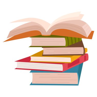 Sevimli renkli kitap yığını. Bilimsel ve kurgu edebiyatı ile eğitici temalı bir kitap yığını. Öğrenme ve okuma konsepti. Düz vektör çizimi beyaz arkaplanda izole edildi.